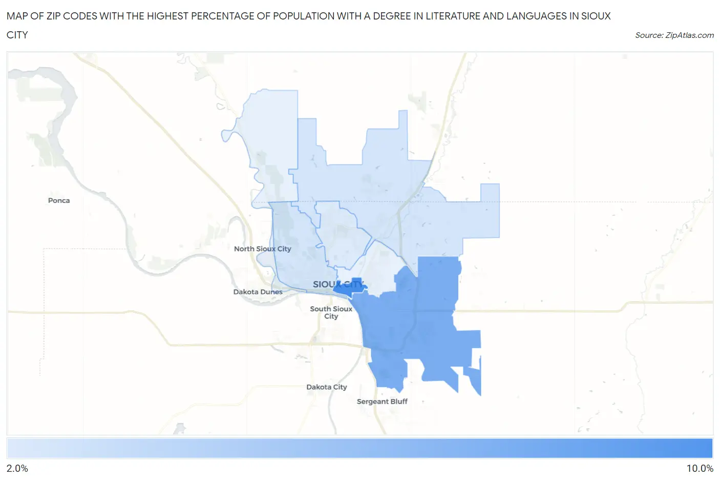 Zip Codes with the Highest Percentage of Population with a Degree in Literature and Languages in Sioux City Map