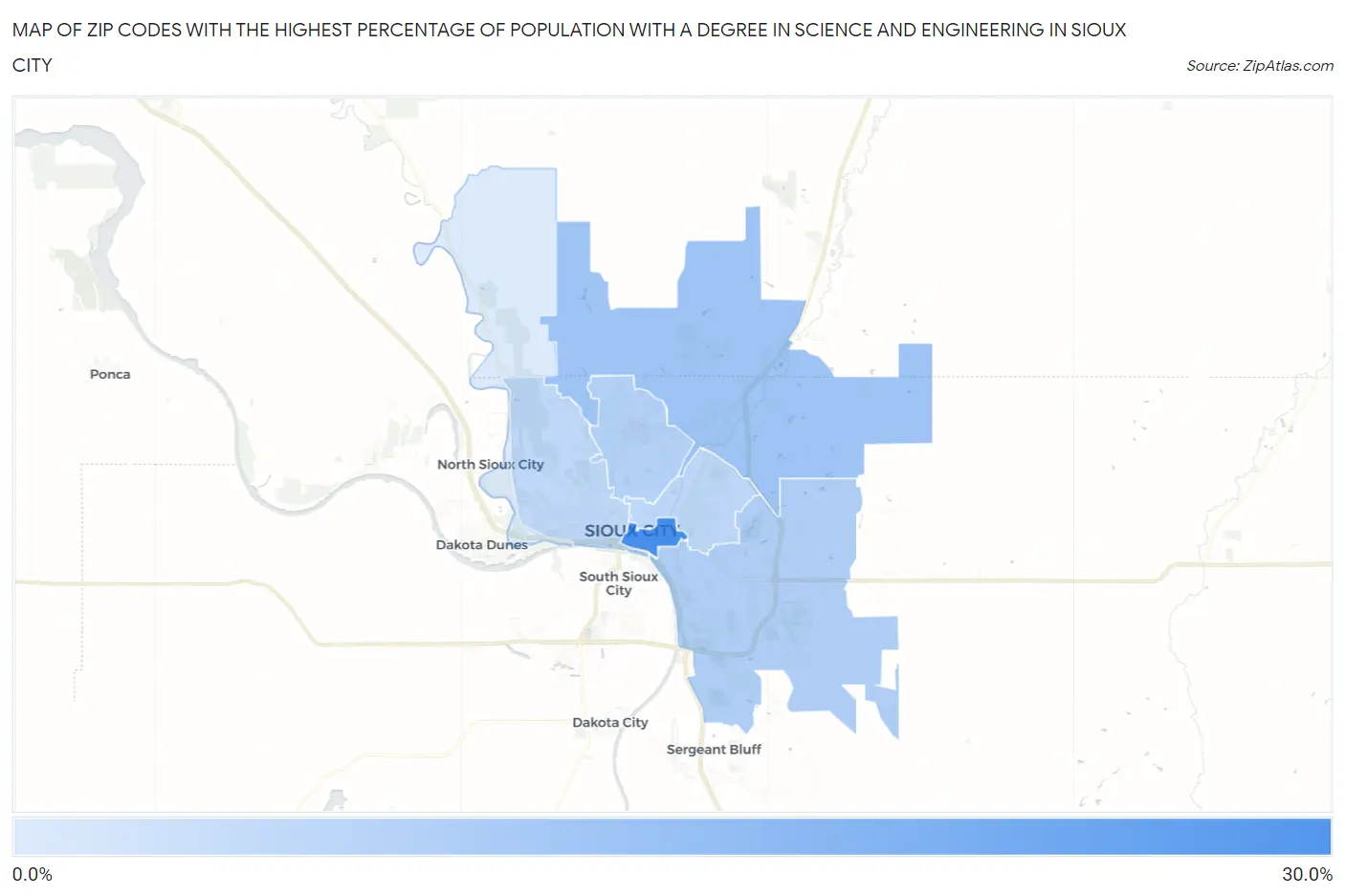 Zip Codes with the Highest Percentage of Population with a Degree in Science and Engineering in Sioux City Map