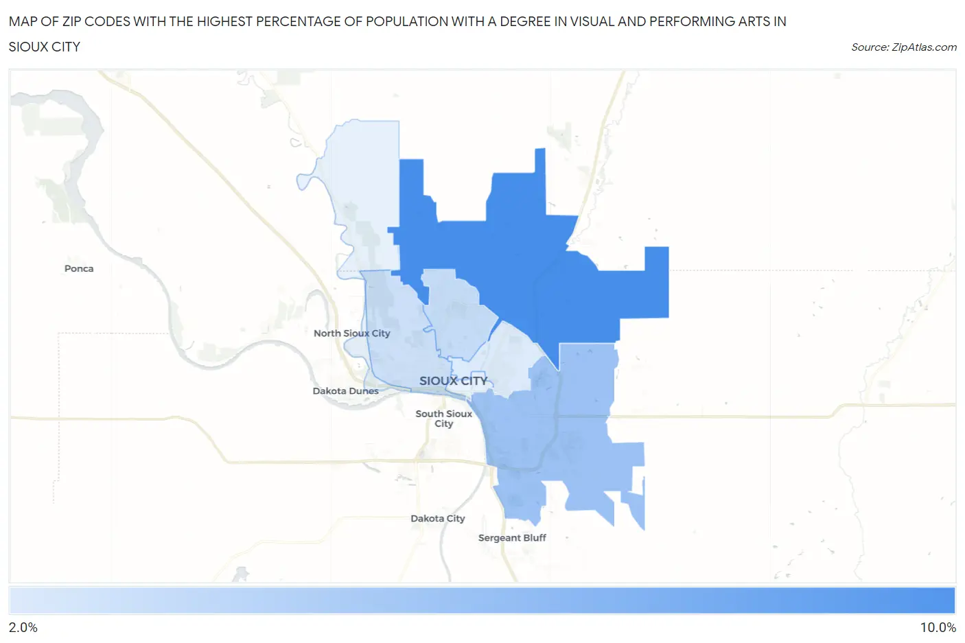 Zip Codes with the Highest Percentage of Population with a Degree in Visual and Performing Arts in Sioux City Map