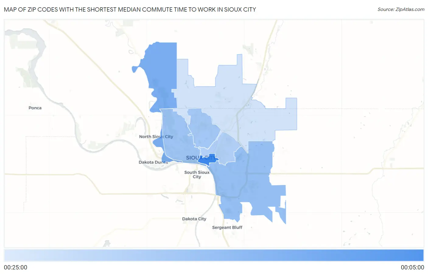 Zip Codes with the Shortest Median Commute Time to Work in Sioux City Map