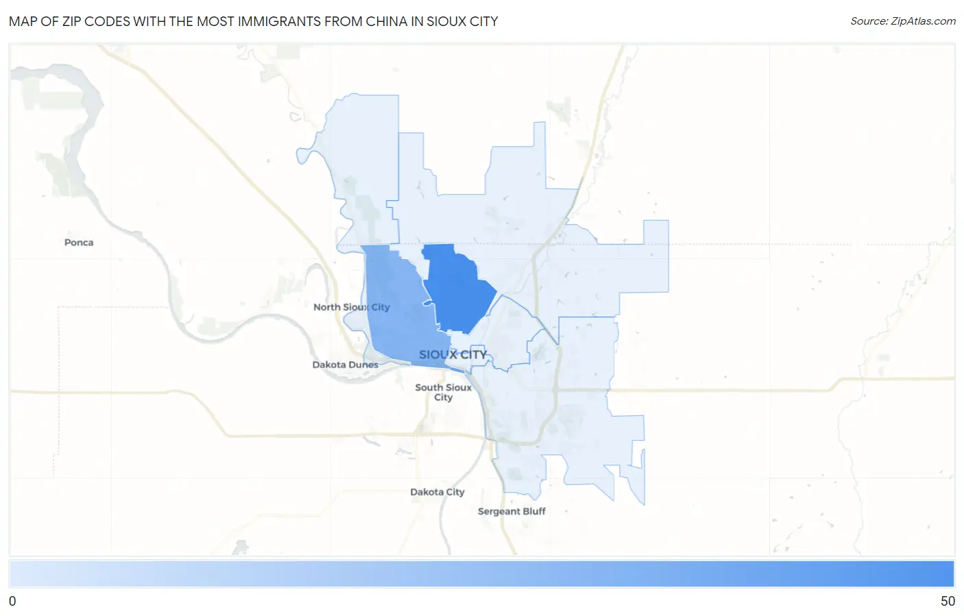 Zip Codes with the Most Immigrants from China in Sioux City Map