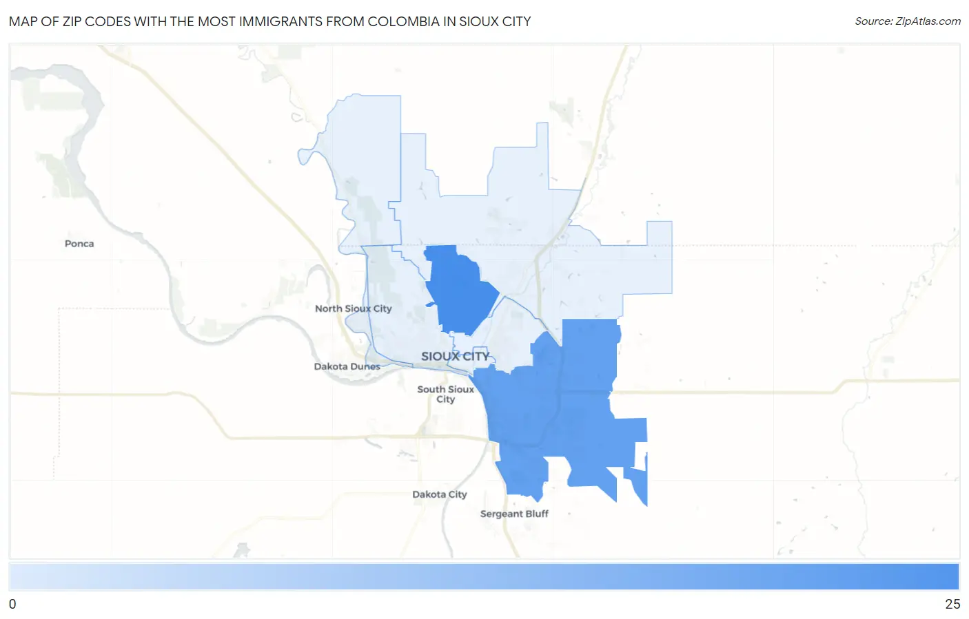 Zip Codes with the Most Immigrants from Colombia in Sioux City Map
