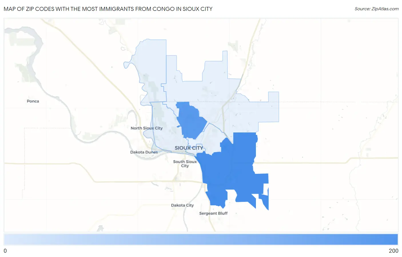 Zip Codes with the Most Immigrants from Congo in Sioux City Map