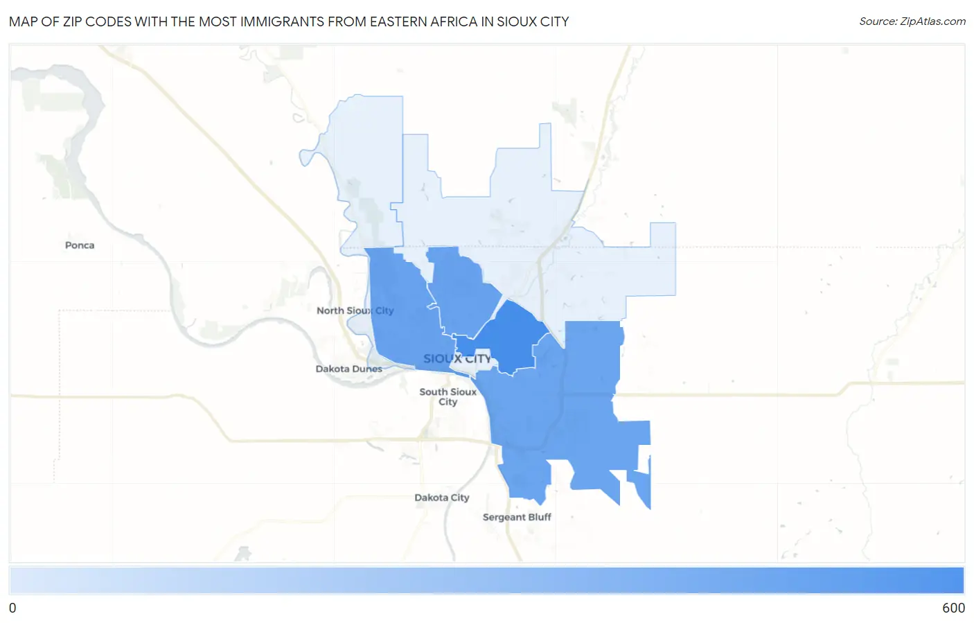 Zip Codes with the Most Immigrants from Eastern Africa in Sioux City Map