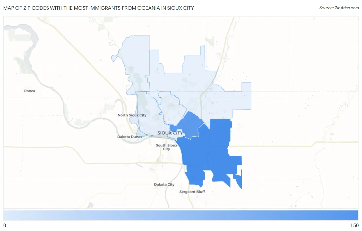 Zip Codes with the Most Immigrants from Oceania in Sioux City Map