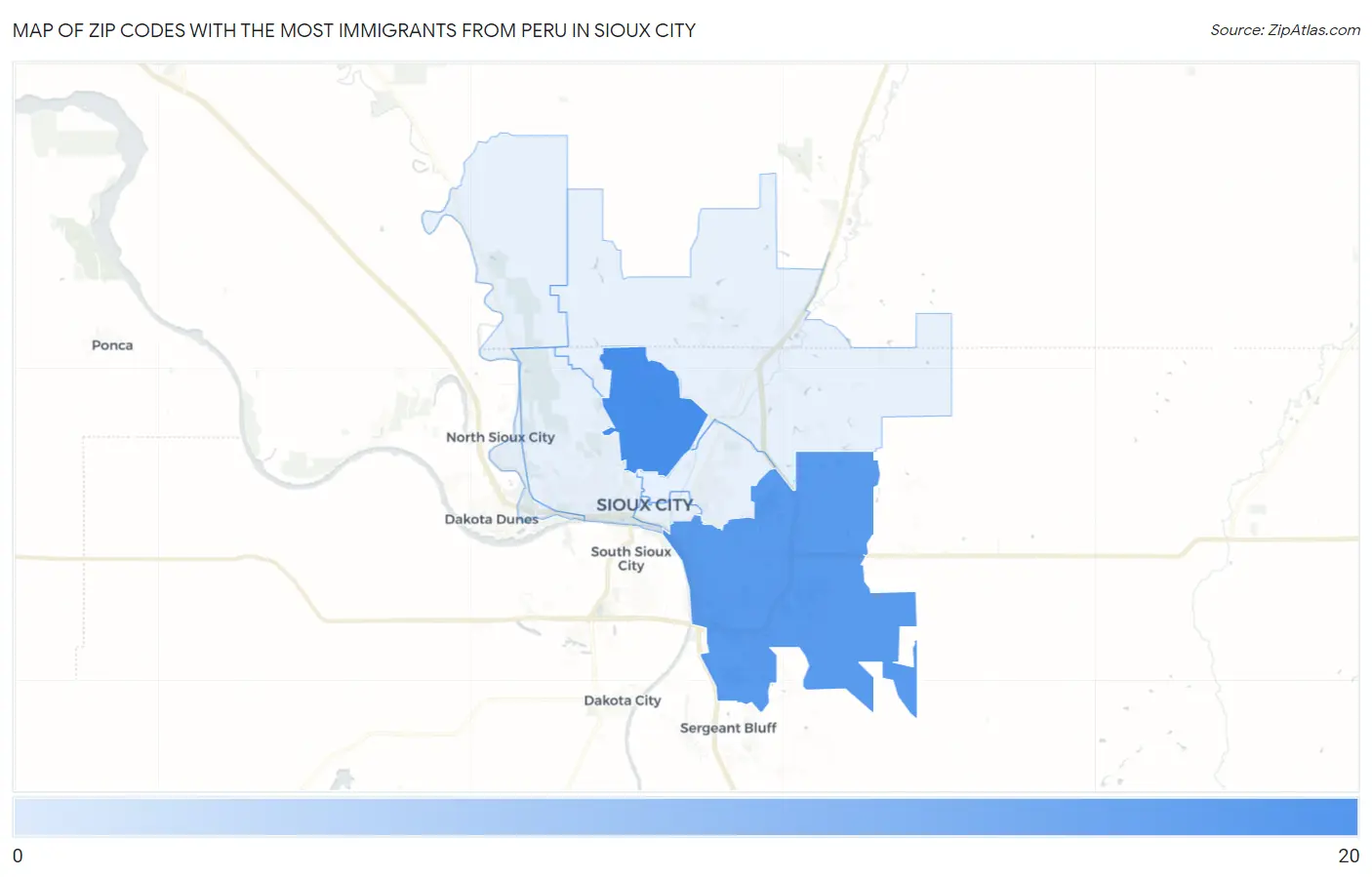 Zip Codes with the Most Immigrants from Peru in Sioux City Map