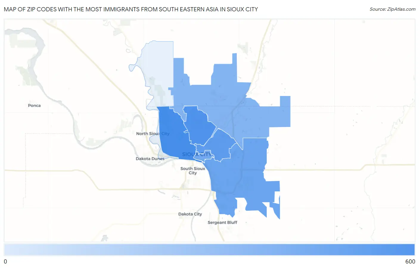 Zip Codes with the Most Immigrants from South Eastern Asia in Sioux City Map
