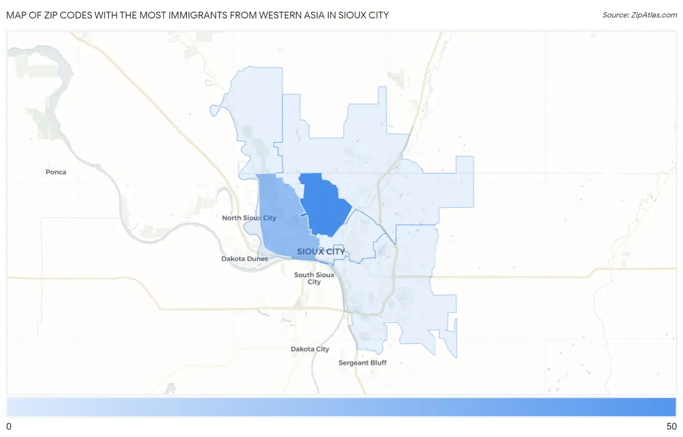 Zip Codes with the Most Immigrants from Western Asia in Sioux City Map