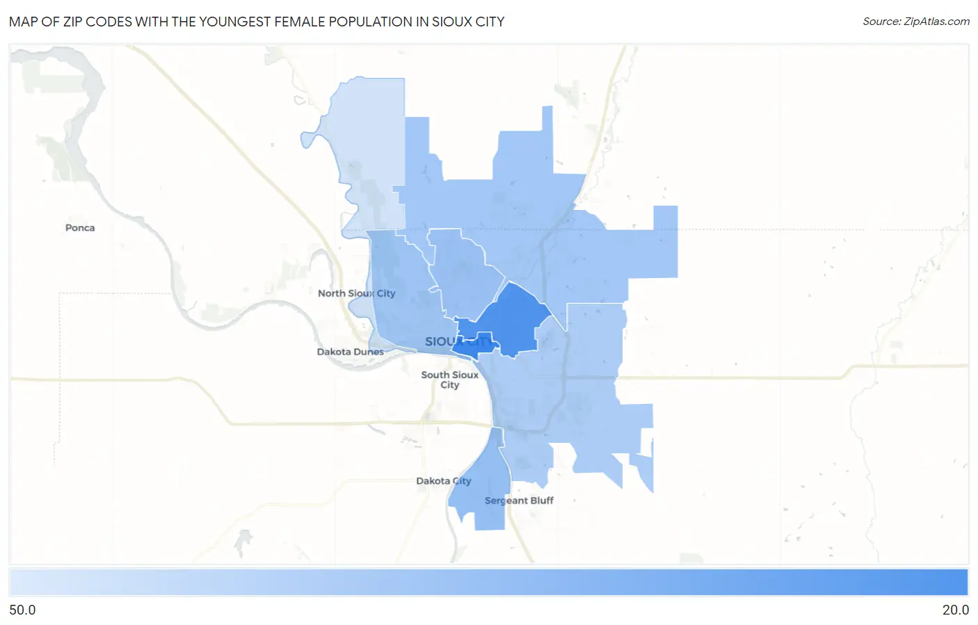 Zip Codes with the Youngest Female Population in Sioux City Map