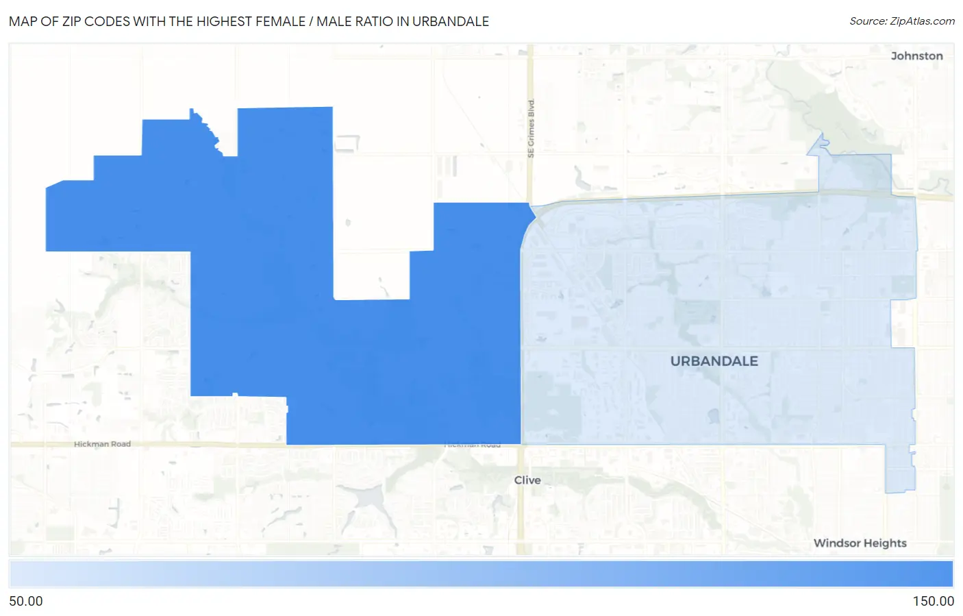 Zip Codes with the Highest Female / Male Ratio in Urbandale Map