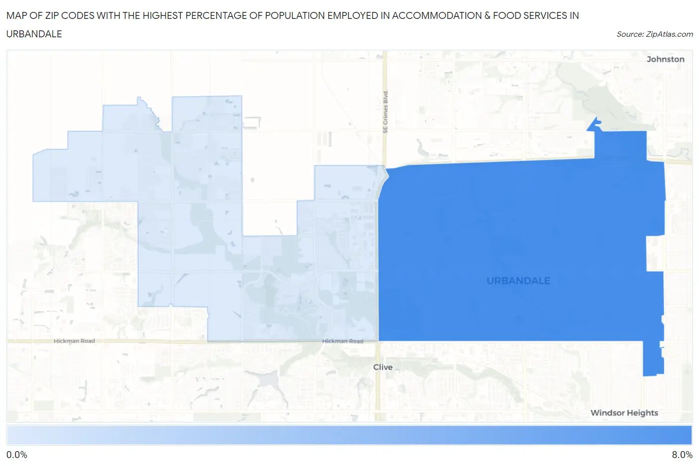 Zip Codes with the Highest Percentage of Population Employed in Accommodation & Food Services in Urbandale Map
