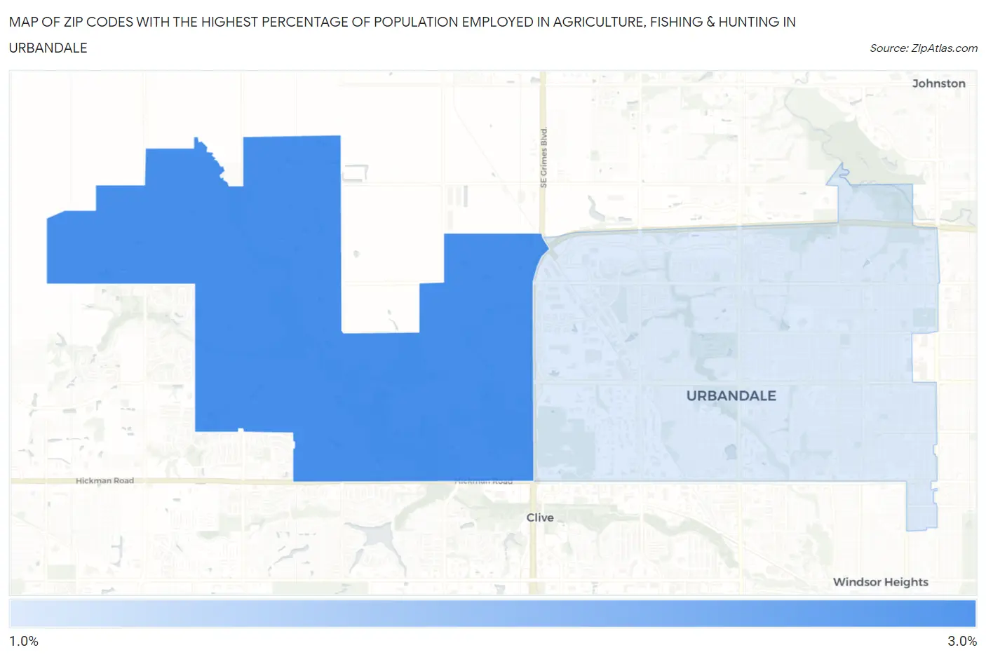 Zip Codes with the Highest Percentage of Population Employed in Agriculture, Fishing & Hunting in Urbandale Map