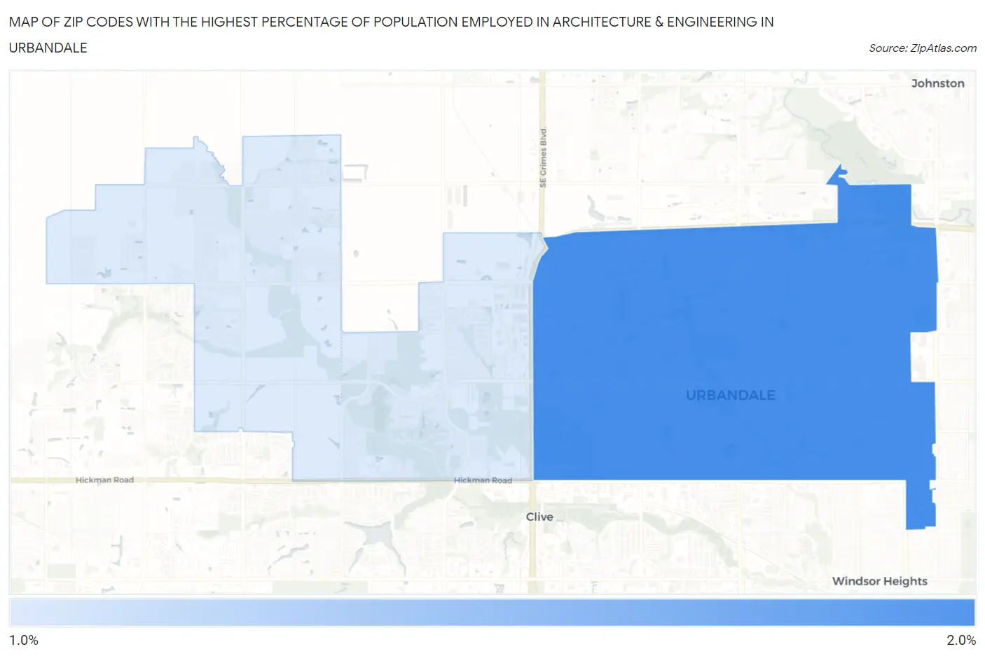 Zip Codes with the Highest Percentage of Population Employed in Architecture & Engineering in Urbandale Map