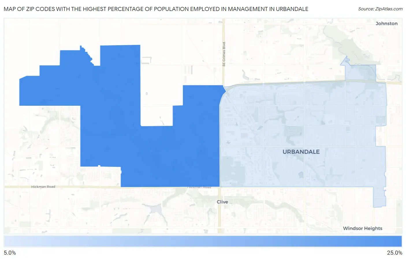 Zip Codes with the Highest Percentage of Population Employed in Management in Urbandale Map