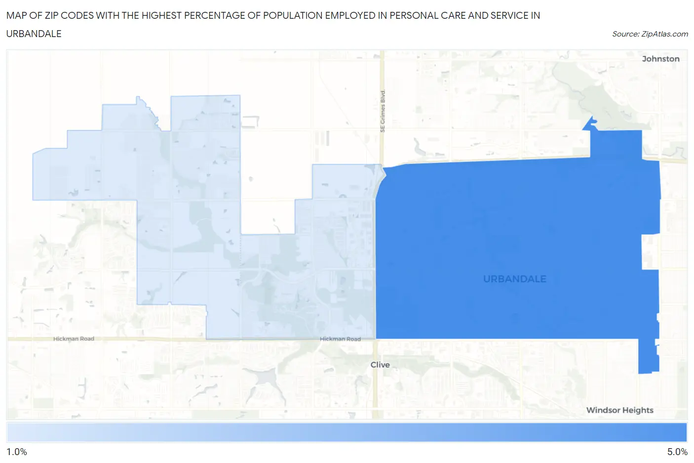 Zip Codes with the Highest Percentage of Population Employed in Personal Care and Service in Urbandale Map