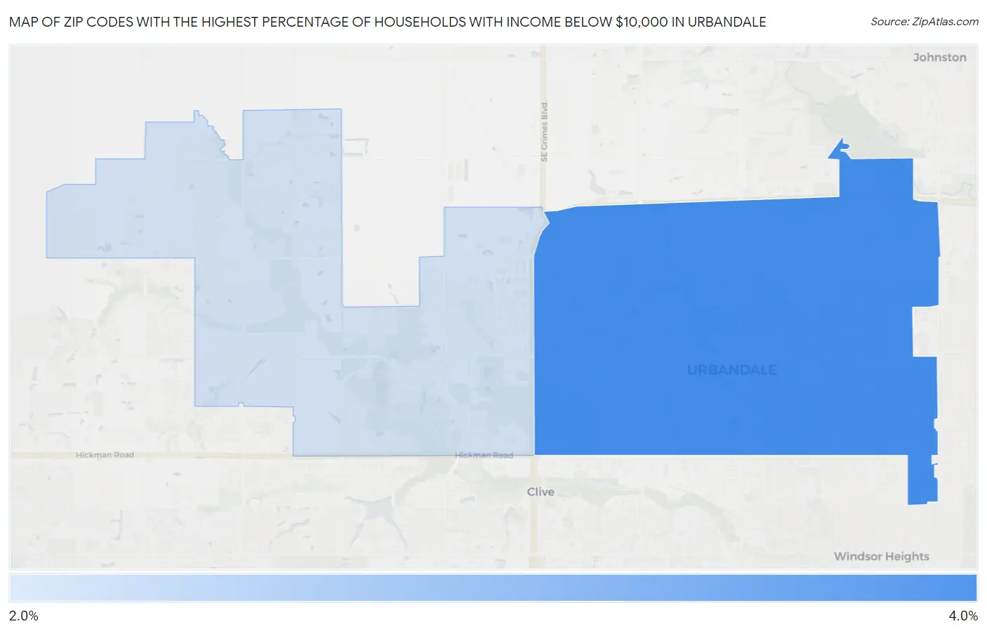 Zip Codes with the Highest Percentage of Households with Income Below $10,000 in Urbandale Map