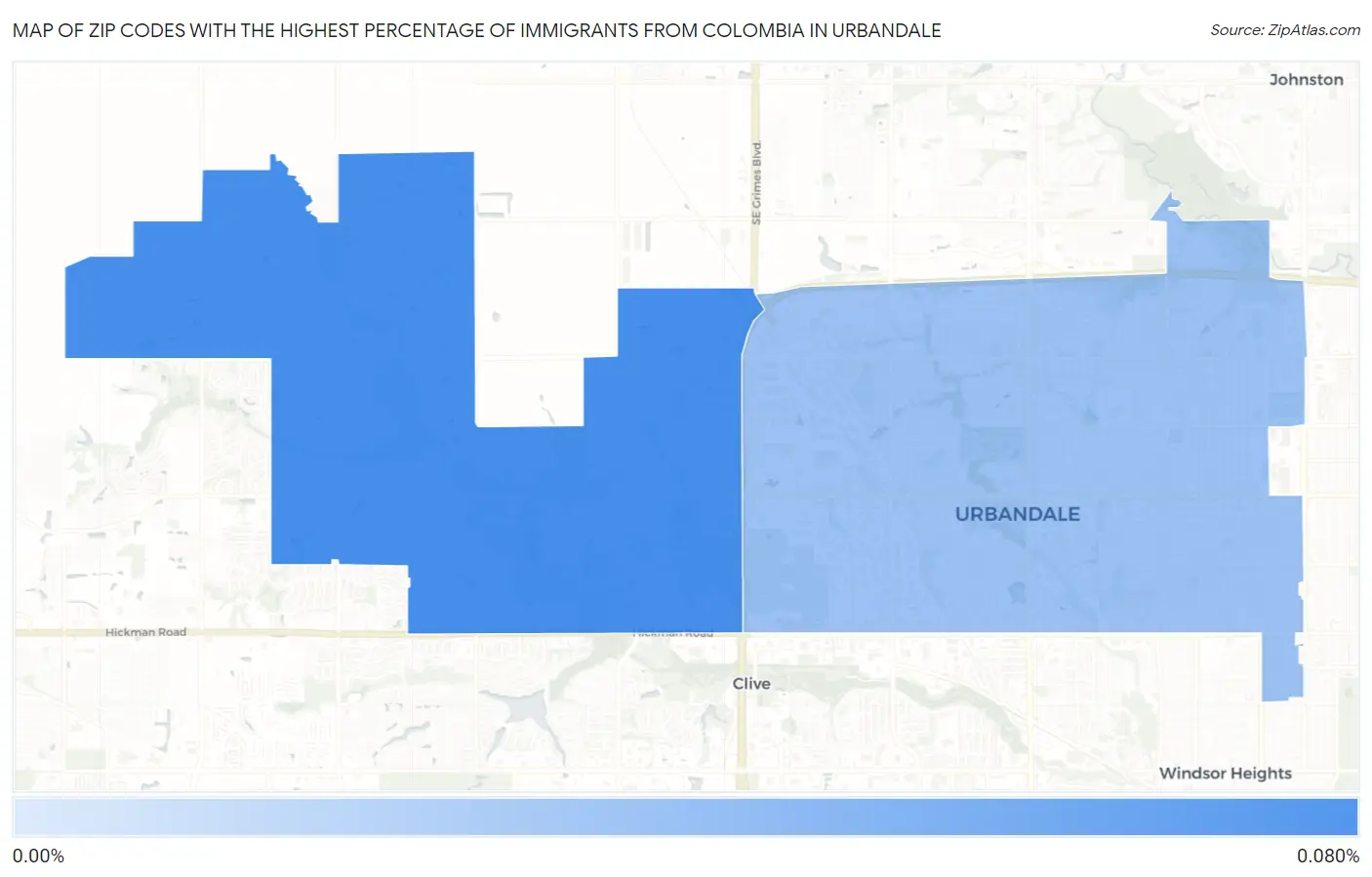 Zip Codes with the Highest Percentage of Immigrants from Colombia in Urbandale Map