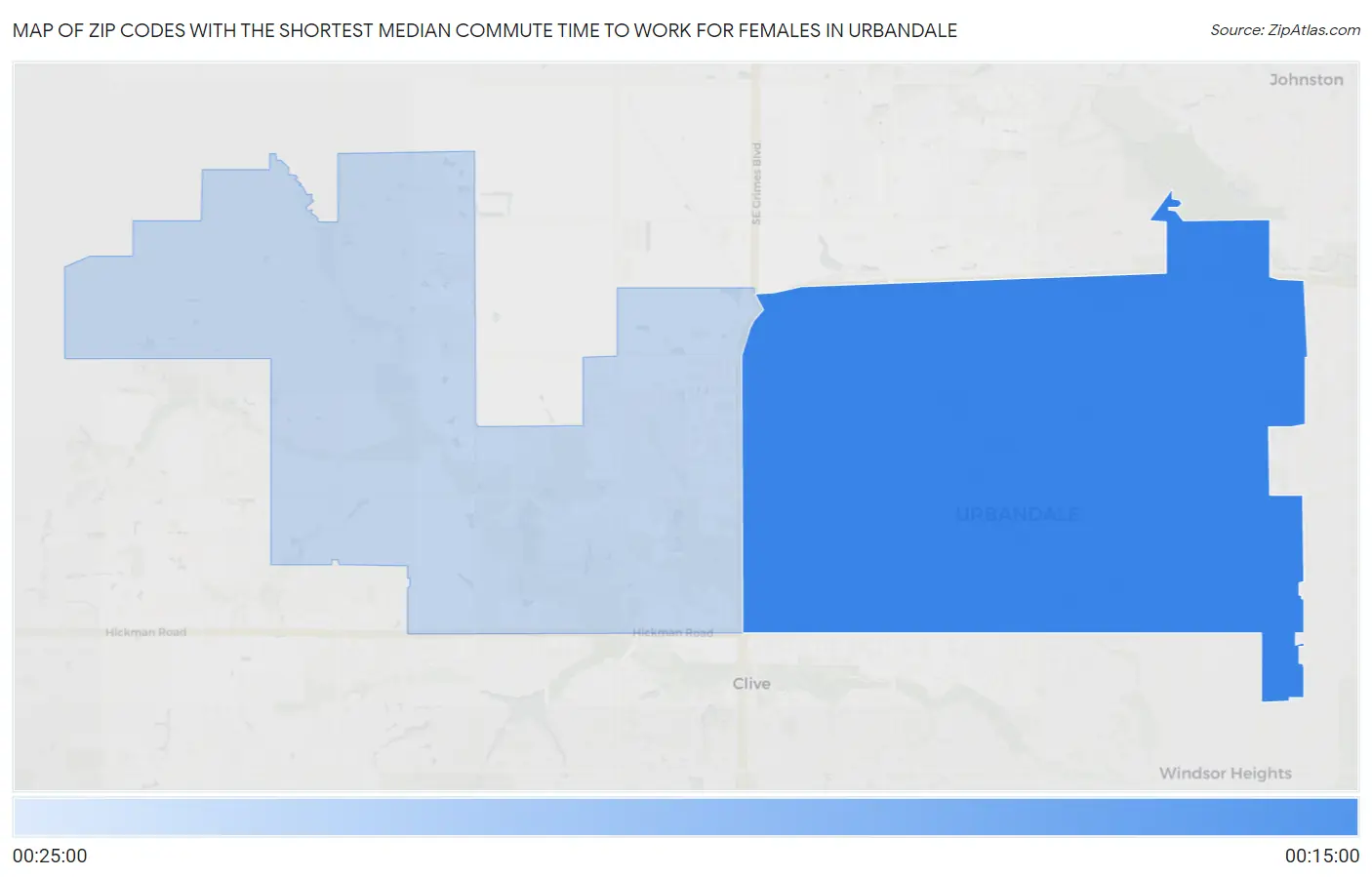 Zip Codes with the Shortest Median Commute Time to Work for Females in Urbandale Map