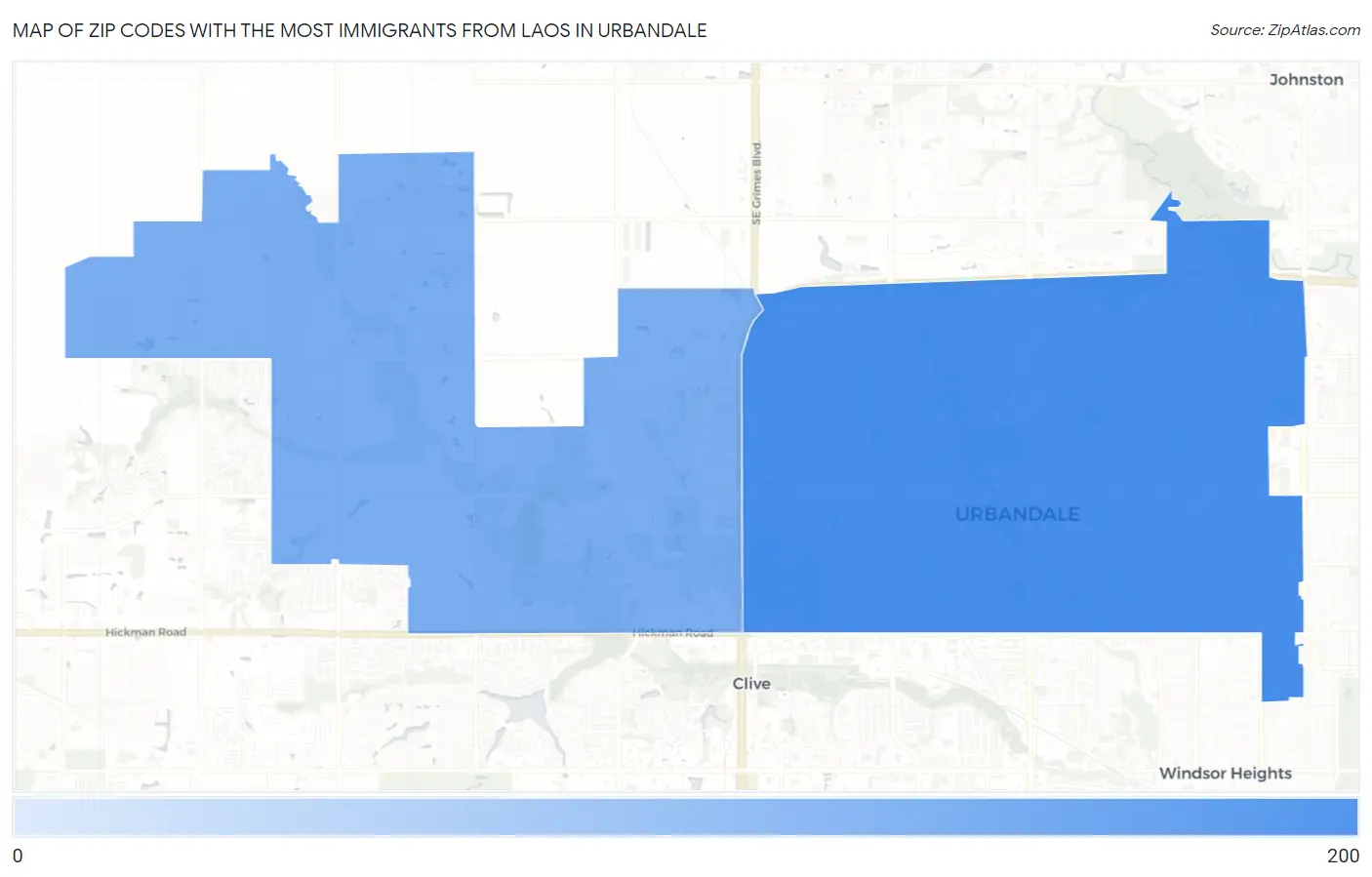 Zip Codes with the Most Immigrants from Laos in Urbandale Map