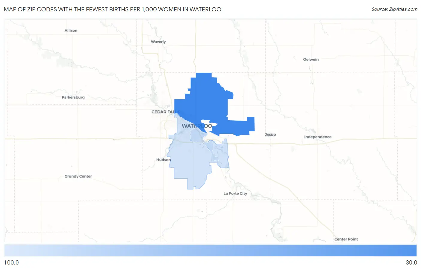 Zip Codes with the Fewest Births per 1,000 Women in Waterloo Map