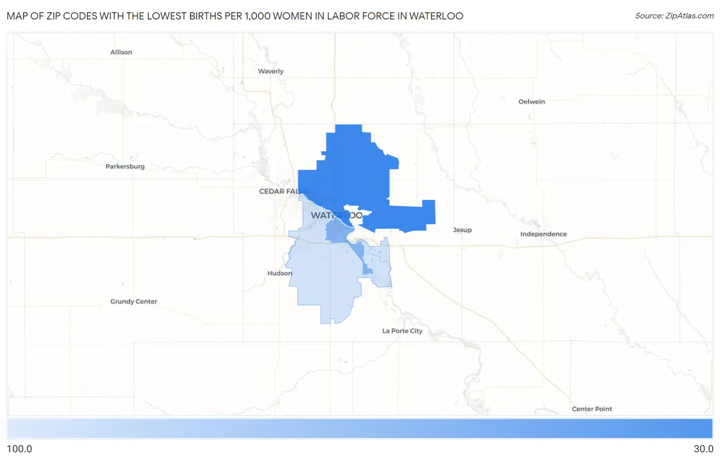 Zip Codes with the Lowest Births per 1,000 Women in Labor Force in Waterloo Map