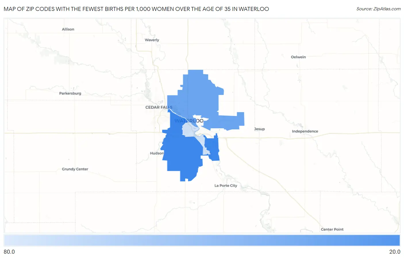 Zip Codes with the Fewest Births per 1,000 Women Over the Age of 35 in Waterloo Map