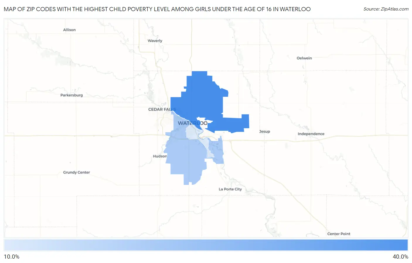 Zip Codes with the Highest Child Poverty Level Among Girls Under the Age of 16 in Waterloo Map