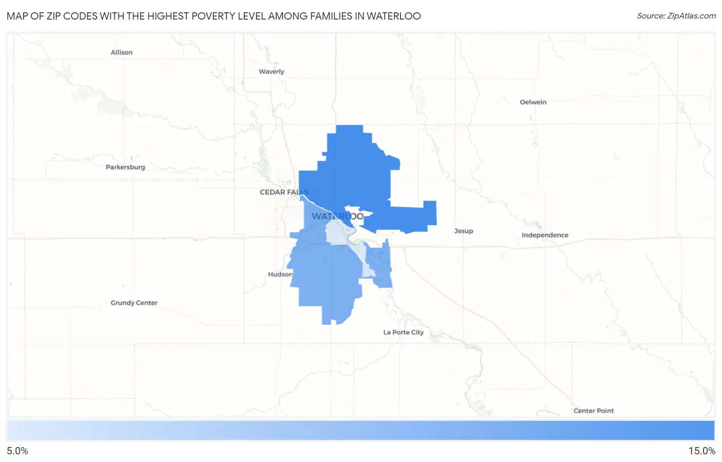 Zip Codes with the Highest Poverty Level Among Families in Waterloo Map
