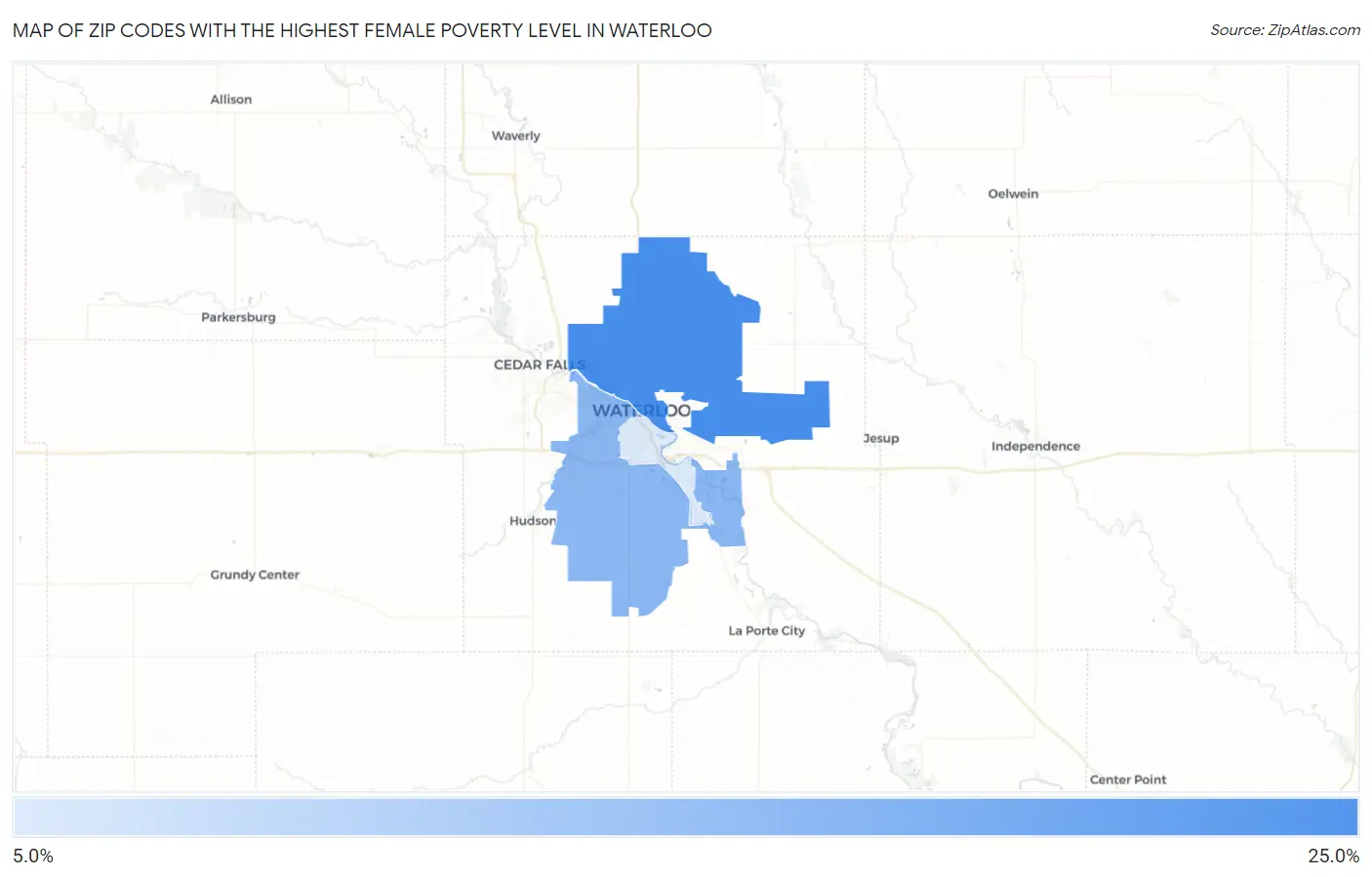Zip Codes with the Highest Female Poverty Level in Waterloo Map