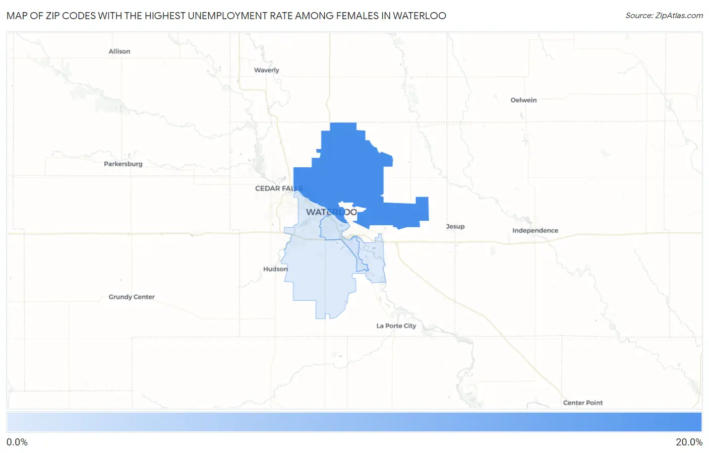 Zip Codes with the Highest Unemployment Rate Among Females in Waterloo Map