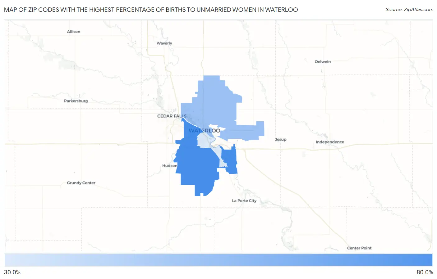 Zip Codes with the Highest Percentage of Births to Unmarried Women in Waterloo Map