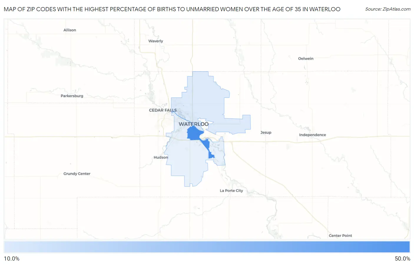 Zip Codes with the Highest Percentage of Births to Unmarried Women over the Age of 35 in Waterloo Map