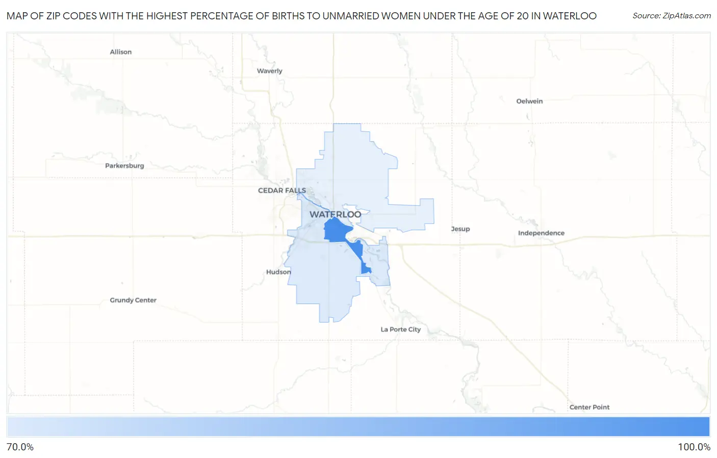 Zip Codes with the Highest Percentage of Births to Unmarried Women under the Age of 20 in Waterloo Map