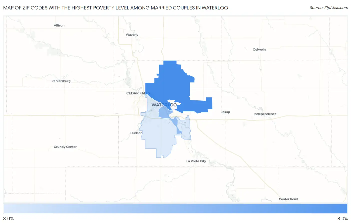 Zip Codes with the Highest Poverty Level Among Married Couples in Waterloo Map