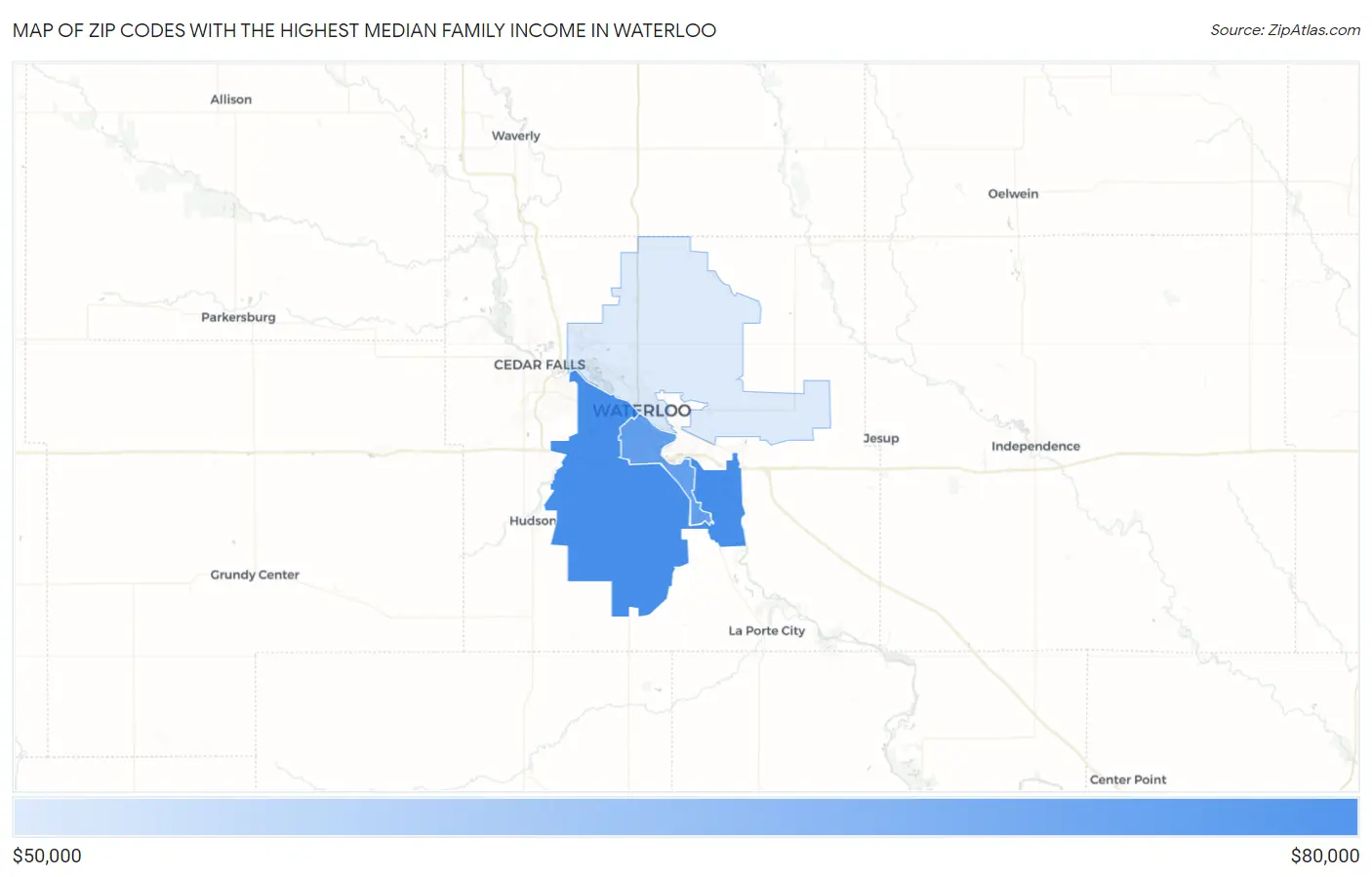 Zip Codes with the Highest Median Family Income in Waterloo Map