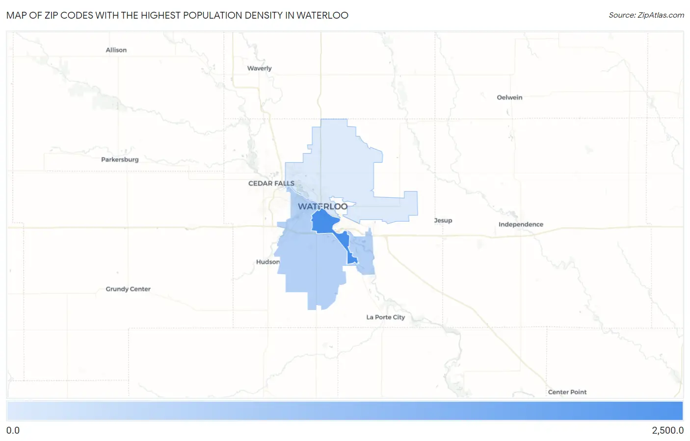 Zip Codes with the Highest Population Density in Waterloo Map