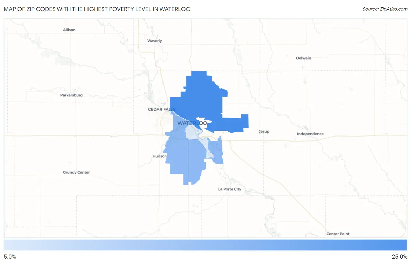 Zip Codes with the Highest Poverty Level in Waterloo Map