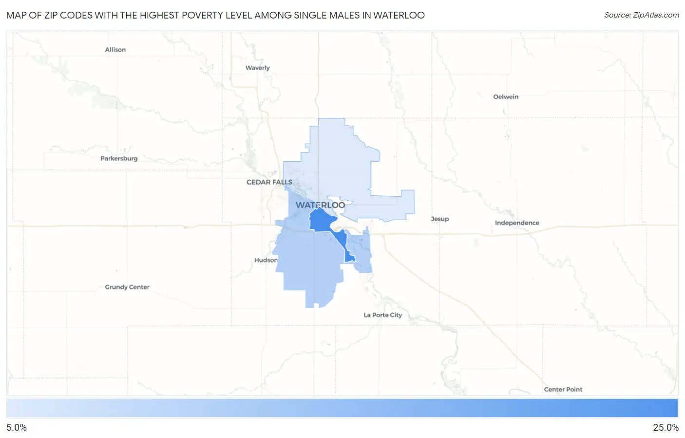 Zip Codes with the Highest Poverty Level Among Single Males in Waterloo Map