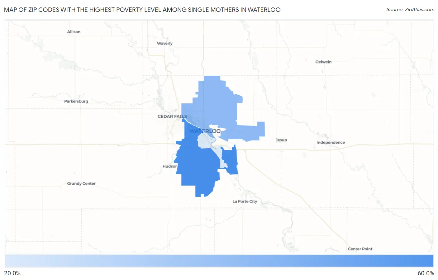 Zip Codes with the Highest Poverty Level Among Single Mothers in Waterloo Map