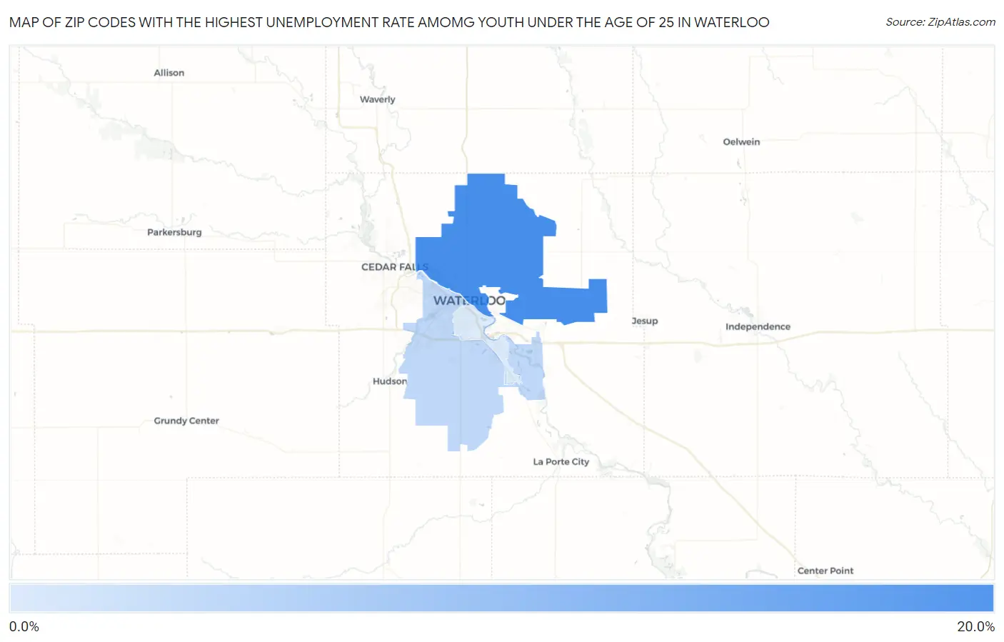Zip Codes with the Highest Unemployment Rate Amomg Youth Under the Age of 25 in Waterloo Map