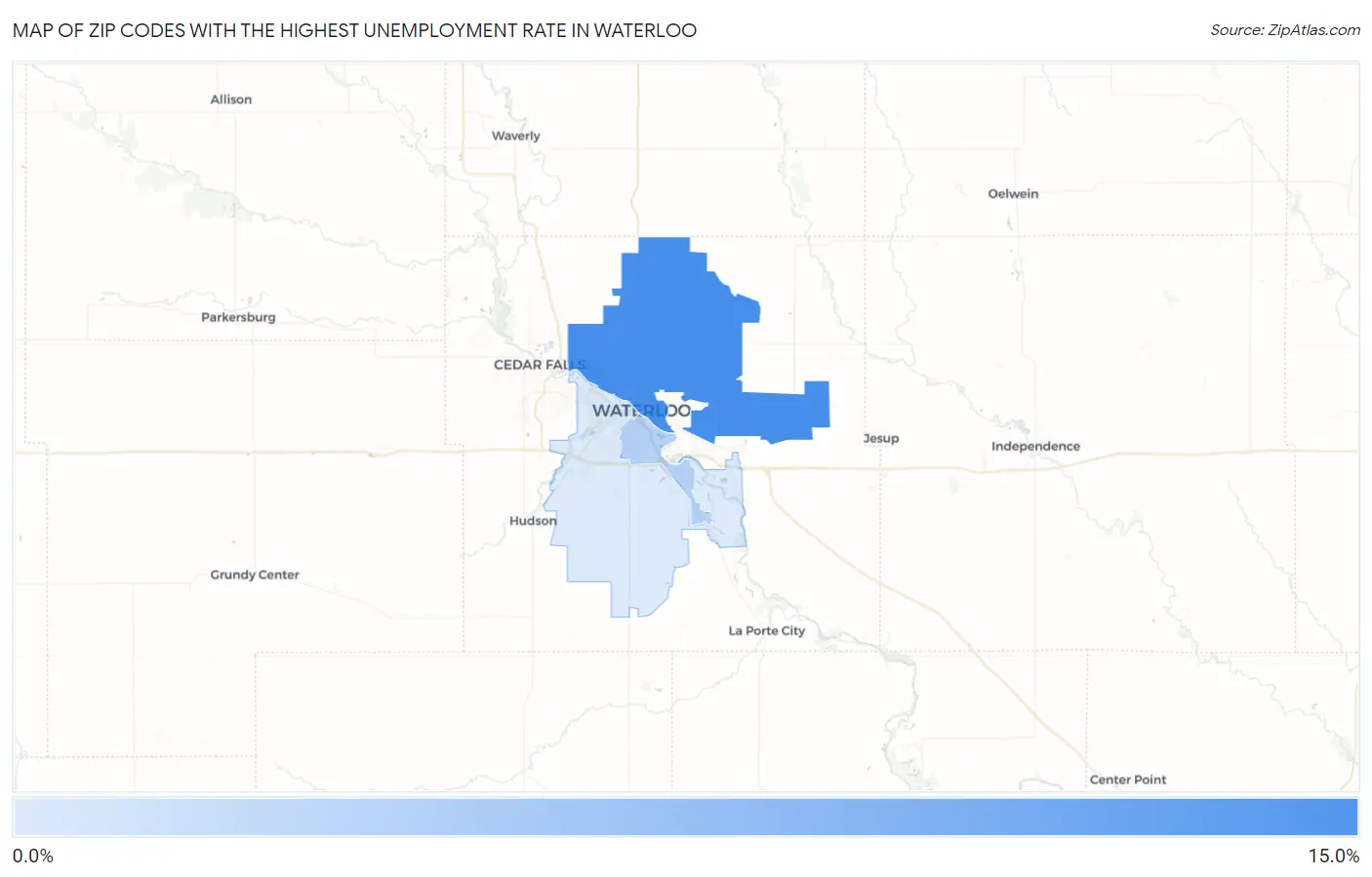 Zip Codes with the Highest Unemployment Rate in Waterloo Map