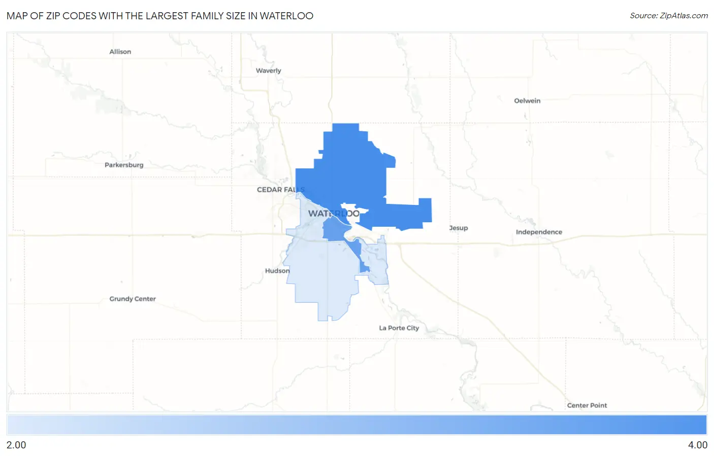 Zip Codes with the Largest Family Size in Waterloo Map