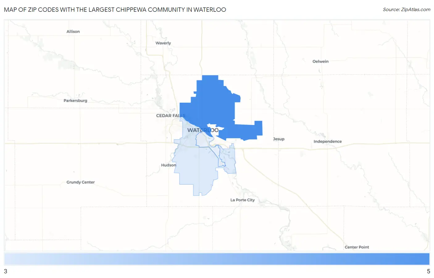 Zip Codes with the Largest Chippewa Community in Waterloo Map
