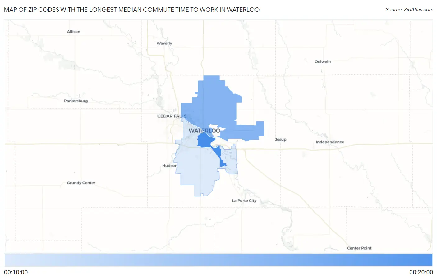 Zip Codes with the Longest Median Commute Time to Work in Waterloo Map