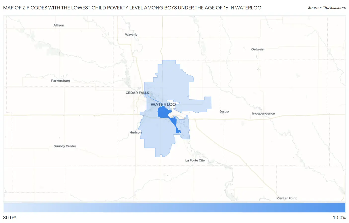 Zip Codes with the Lowest Child Poverty Level Among Boys Under the Age of 16 in Waterloo Map