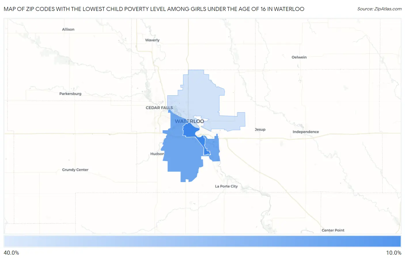Zip Codes with the Lowest Child Poverty Level Among Girls Under the Age of 16 in Waterloo Map