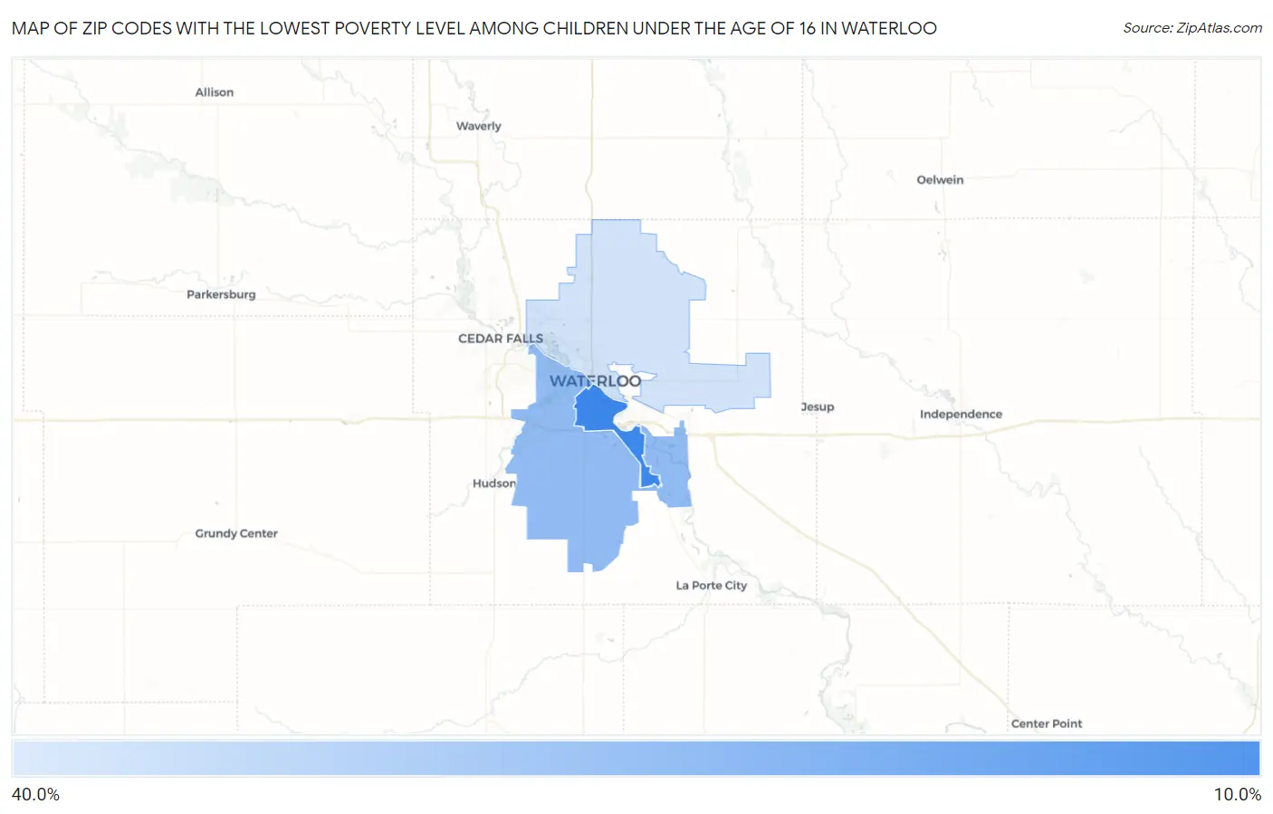 Zip Codes with the Lowest Poverty Level Among Children Under the Age of 16 in Waterloo Map