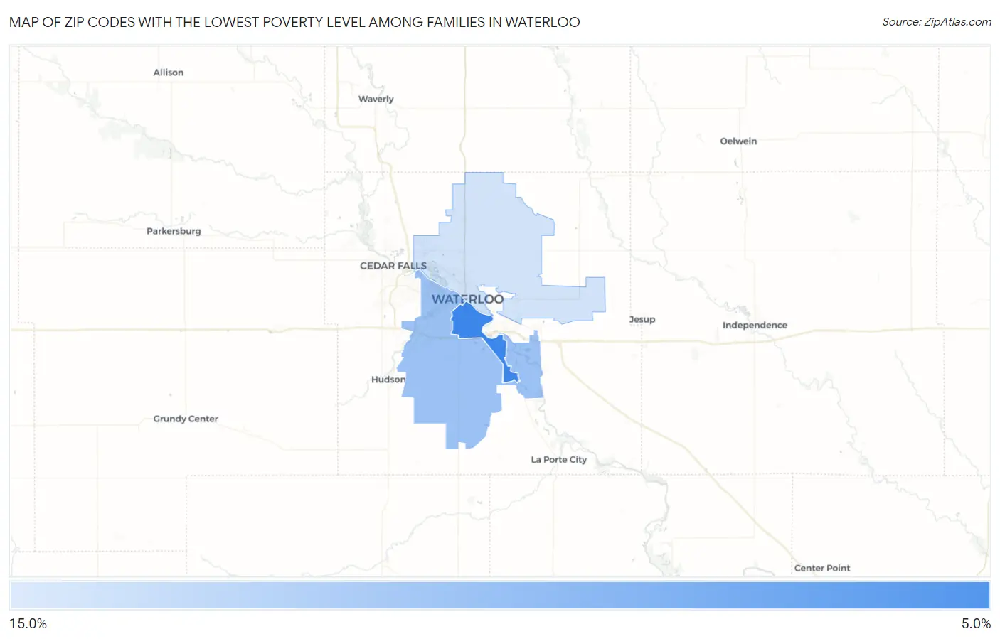 Zip Codes with the Lowest Poverty Level Among Families in Waterloo Map