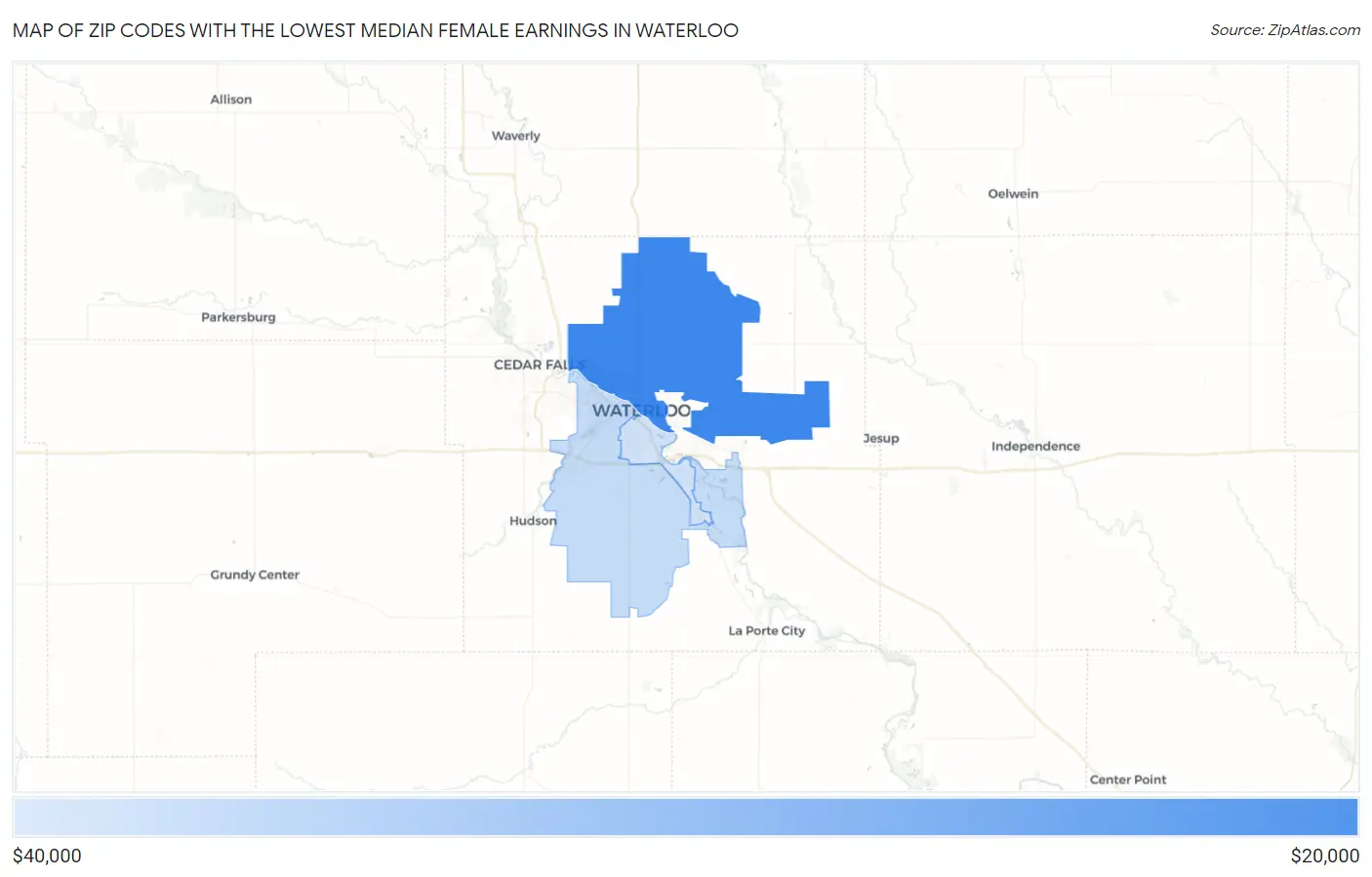 Zip Codes with the Lowest Median Female Earnings in Waterloo Map