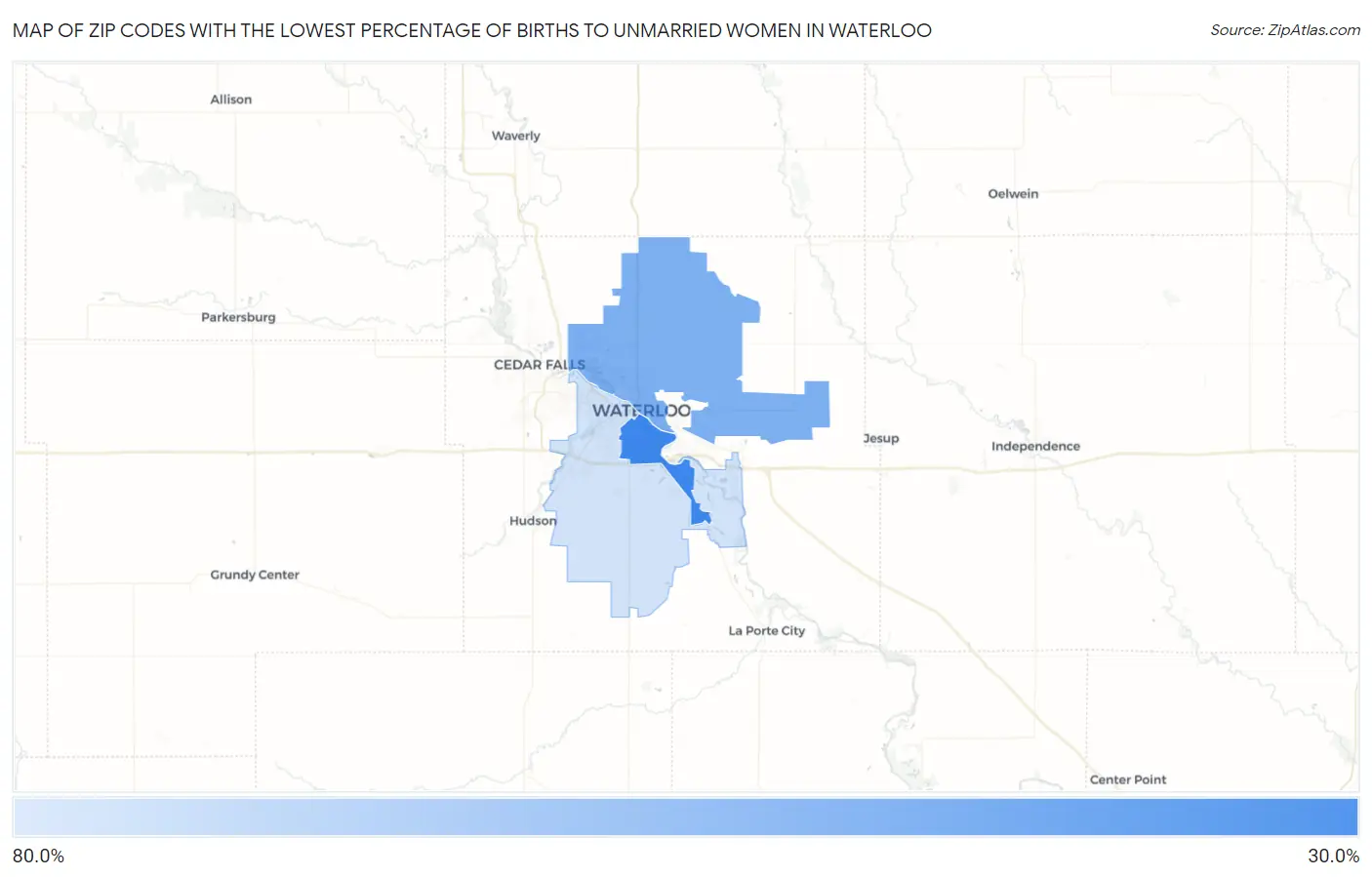 Zip Codes with the Lowest Percentage of Births to Unmarried Women in Waterloo Map